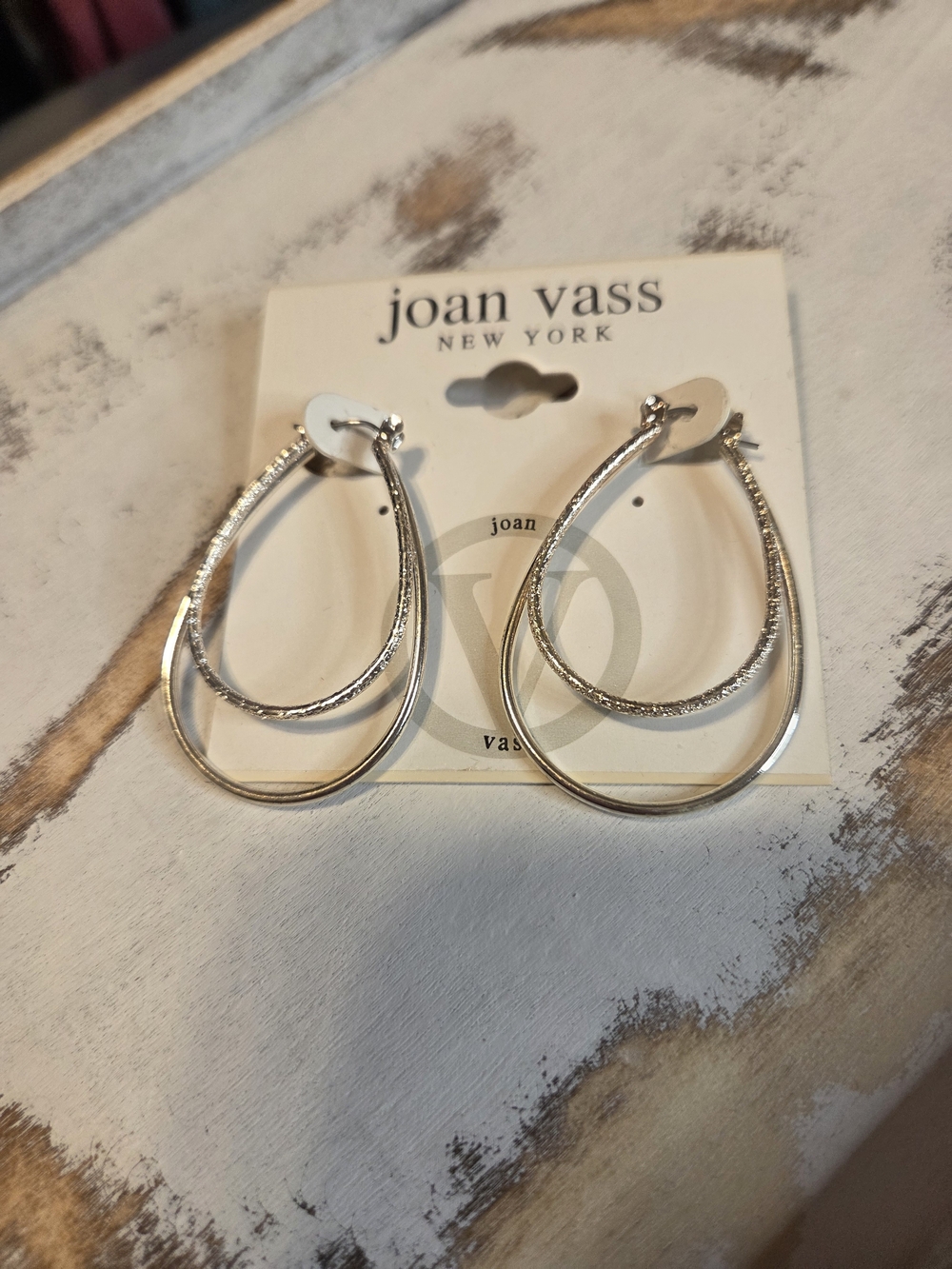 Joan Vass Shiny Silver Double Teardrop Hoop Earrings